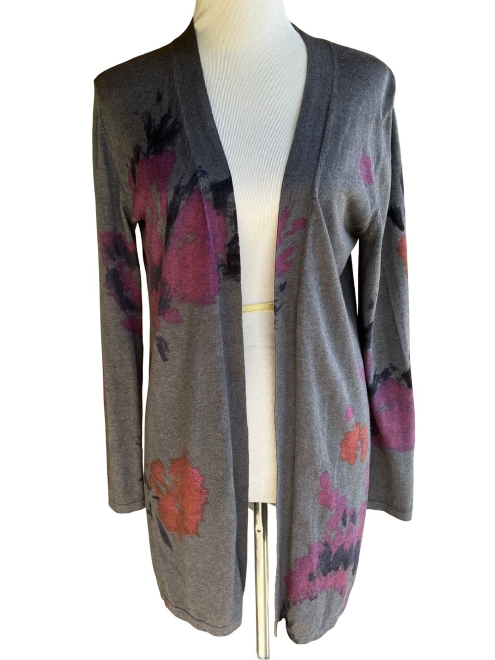 J. Jill Gray Open-Front Cardigan with Pink and Orange Floral Print